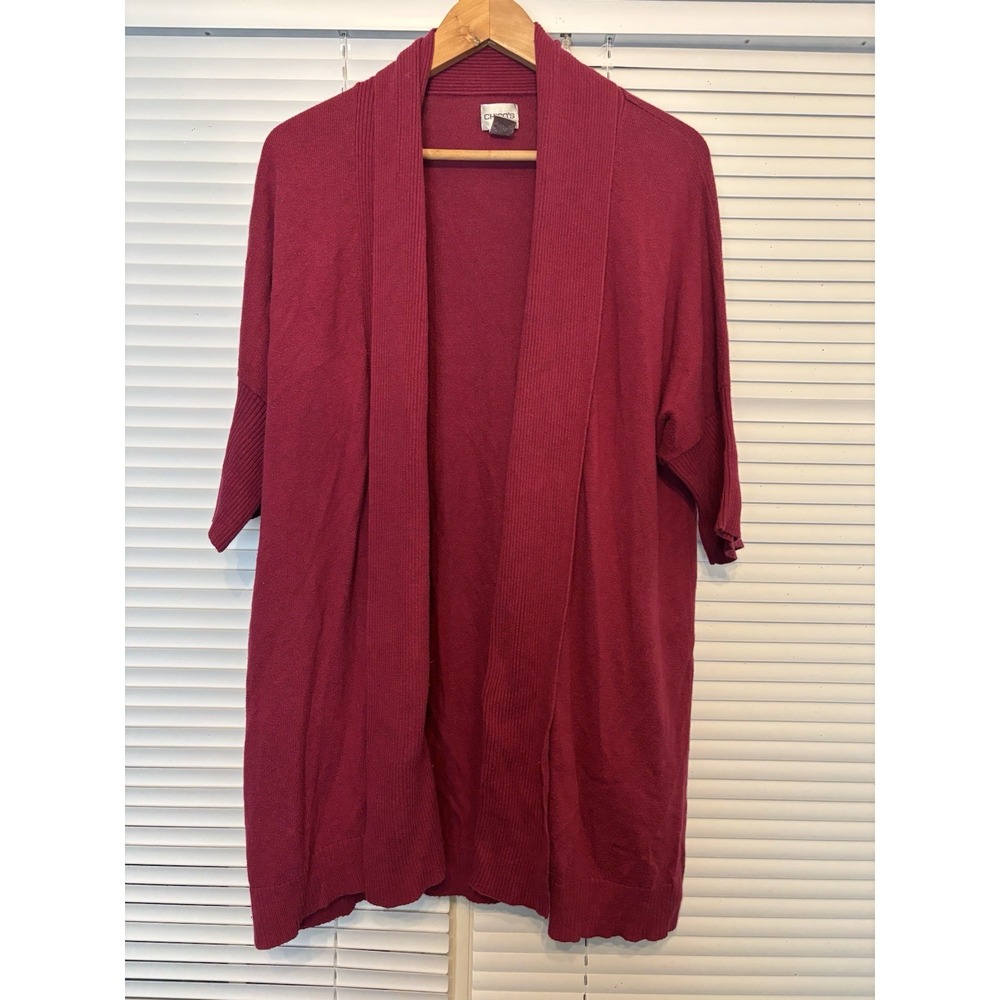 Chicos Open Front Short Sleeved Cardigan Duster‎ Size 2 (L) Maroon Ribbed Trim